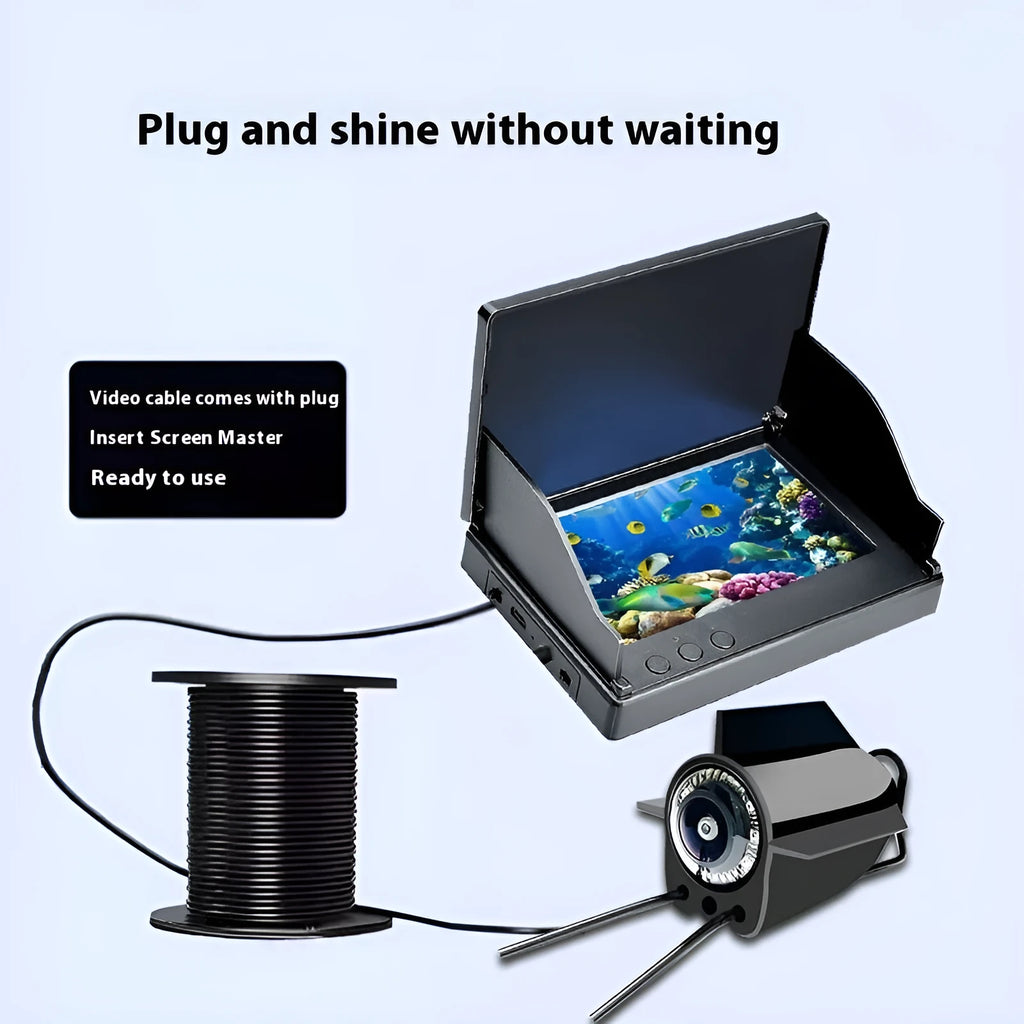 Fish finder unit with 4.3-inch IPS screen showing underwater HD camera feed with night vision lights.