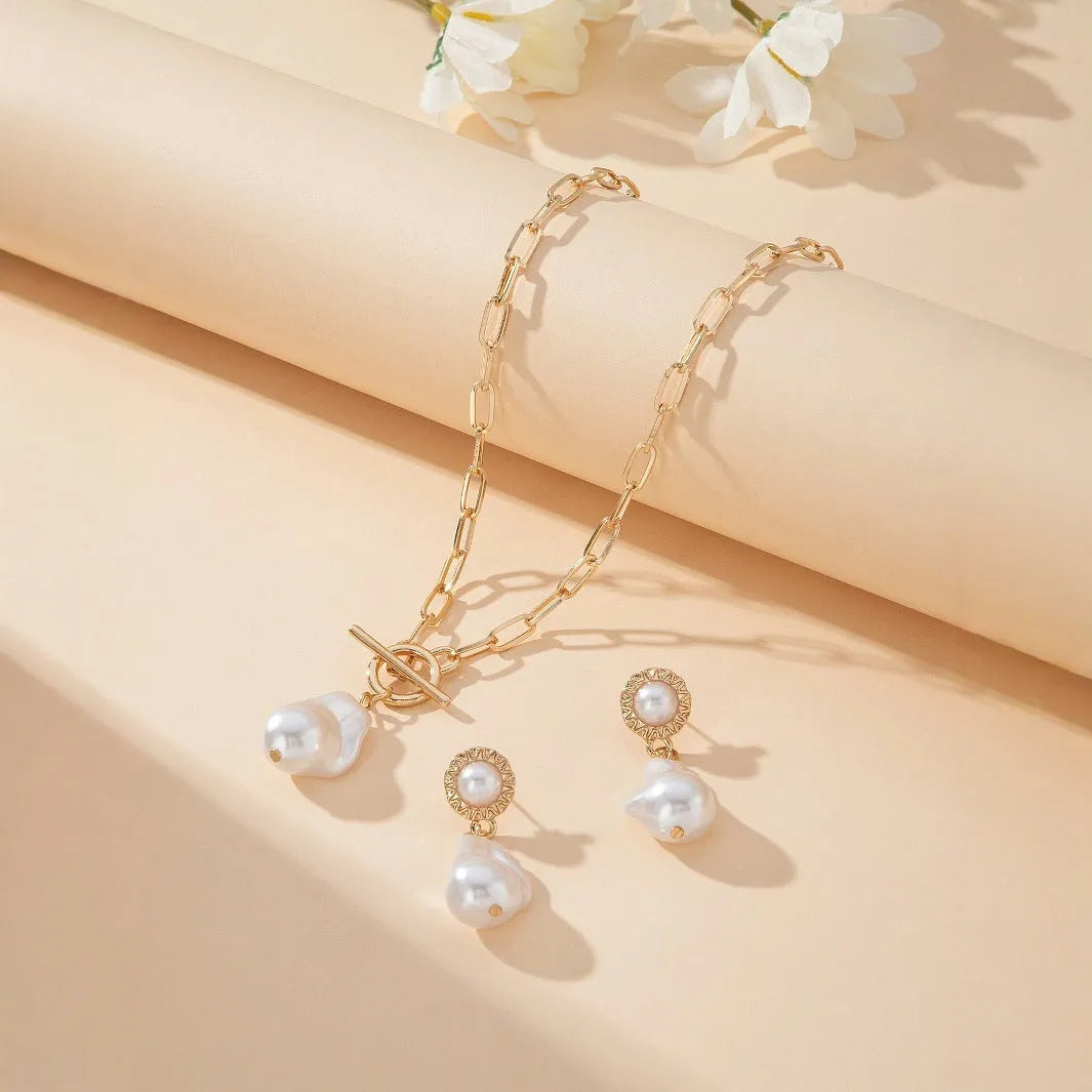 Gold tone baroque pearl necklace and matching ear stud jewellery set for women