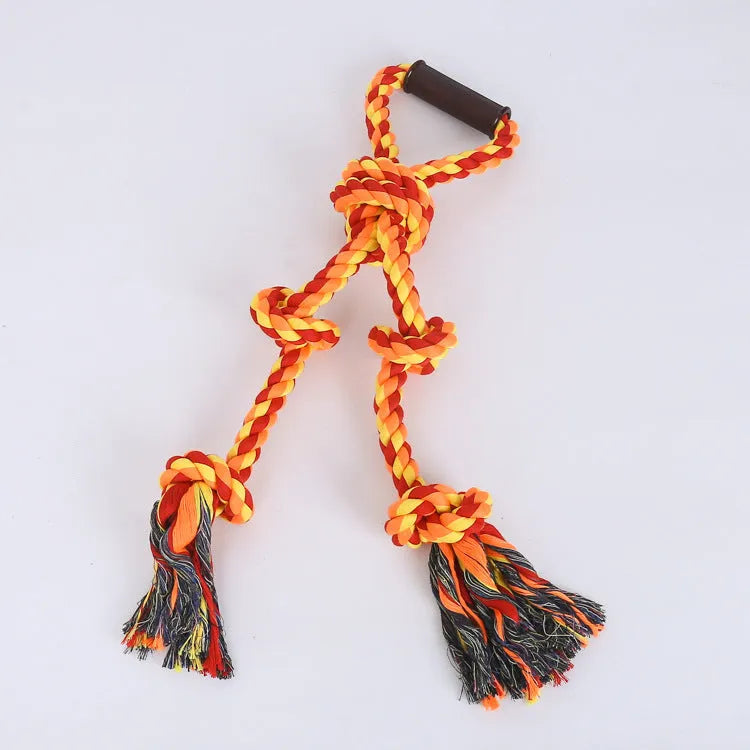 Blue and yellow heavy cotton rope dog toy with non-slip handles for large breed tug-of-war.