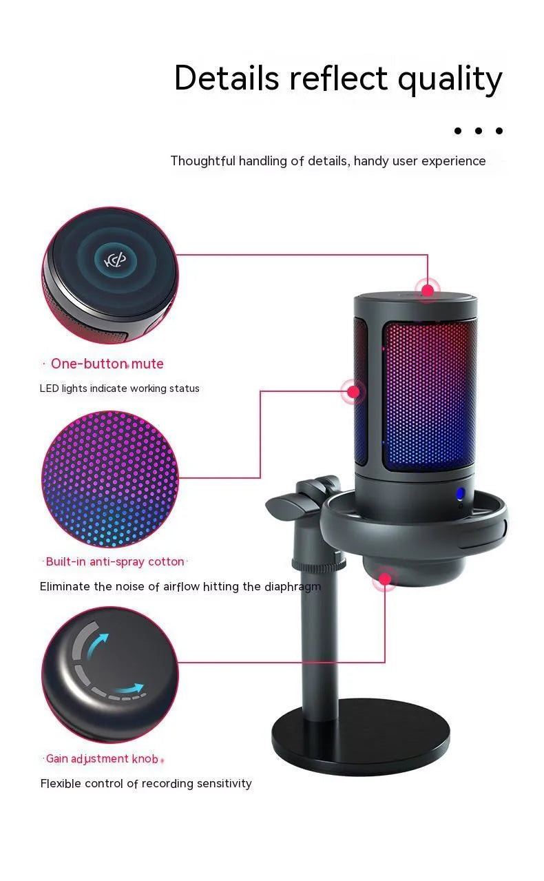 RGB condenser microphone for computer recording with black, white, and pink colour options