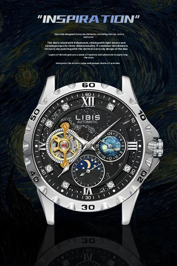 Men's silver case automatic mechanical watch with black starry dial and luminous hands on genuine leather strap