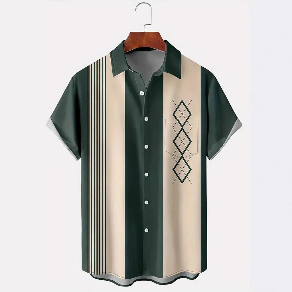 Man wearing a loose-fit plaid lapel cardigan shirt in polyester fabric for summer.