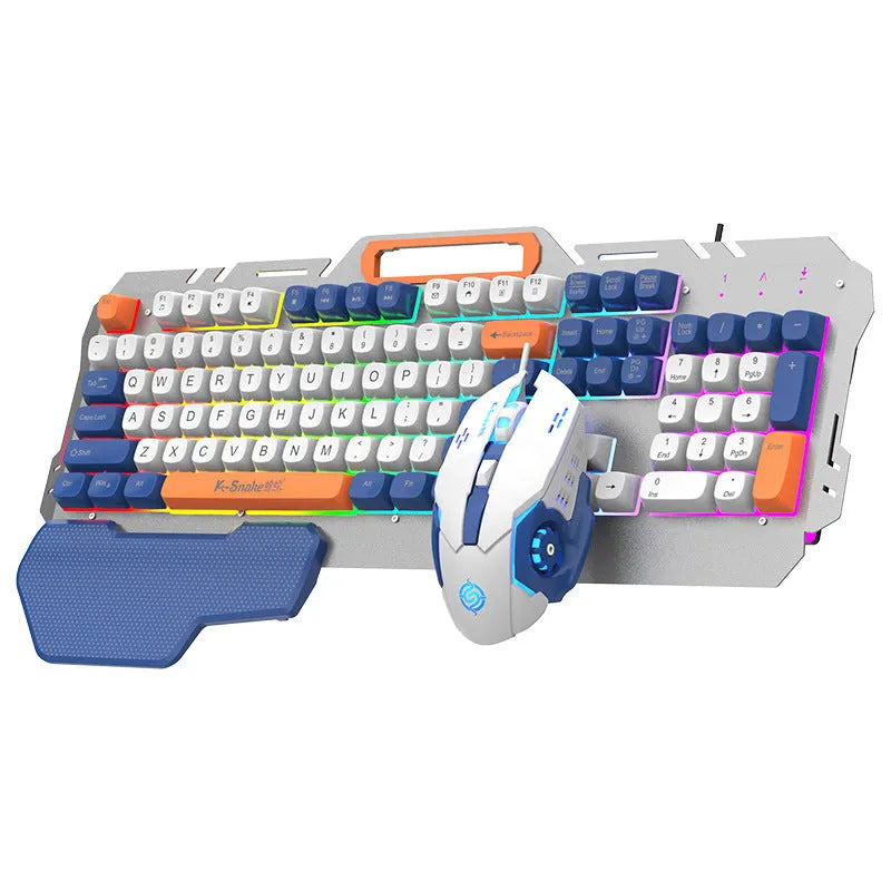 Blue and grey wired gaming keyboard with backlit keys and optional matching mouse