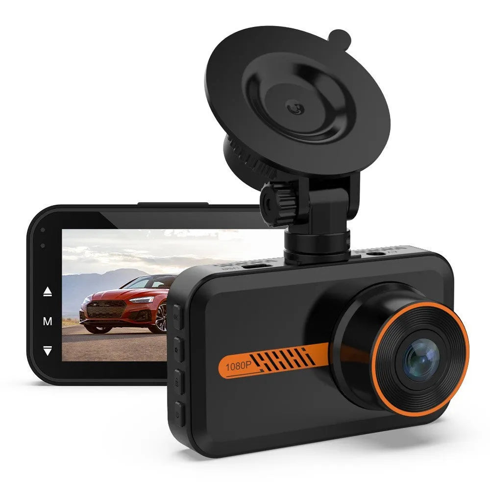 ThiEYE dual dash cam unit with 3-inch screen, rear waterproof camera, mounts, and installation accessories on a table.