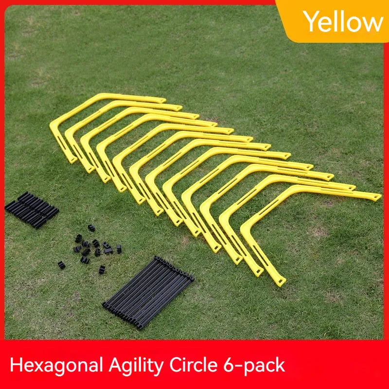 Six foldable hexagon football agility training rings in green, orange, and yellow colours