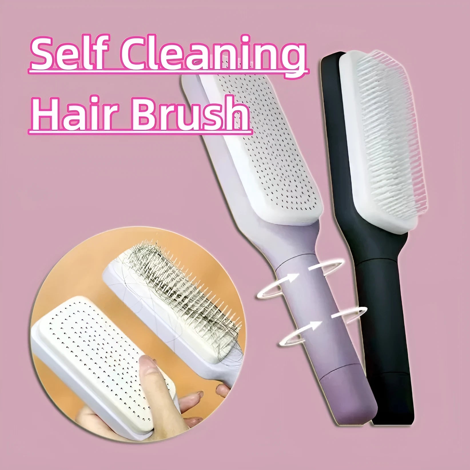 Roland purple self-cleaning hair brush with rotating handle and anti-static massage bristles.