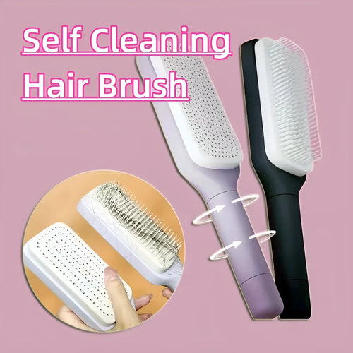 Roland purple self-cleaning hair brush with rotating handle and anti-static massage bristles.
