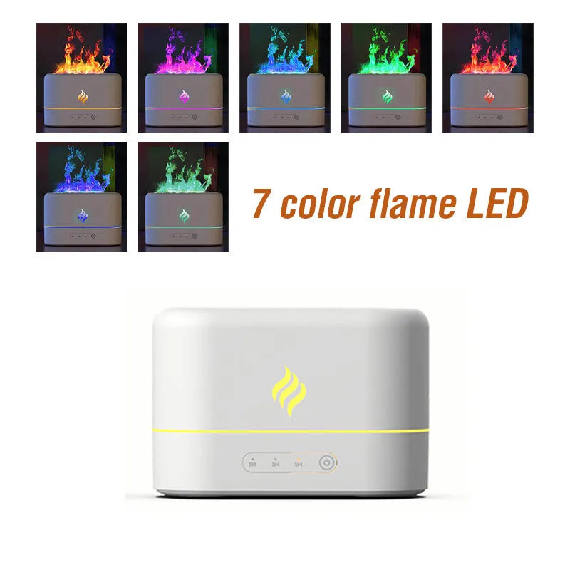 Black and white seven-colour flame aromatherapy humidifier with USB cable and water tank