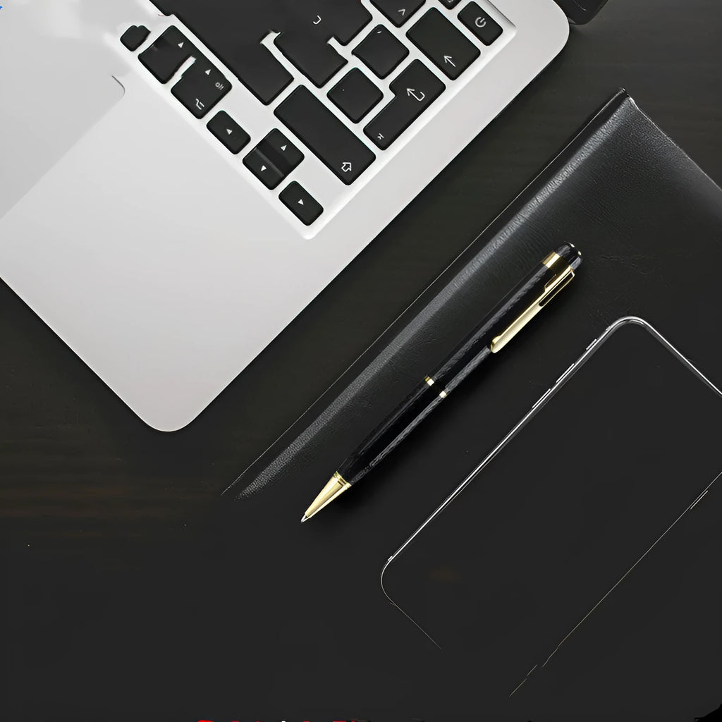 Black pen-shaped voice recorder with zinc alloy body measuring 140x17x14mm
