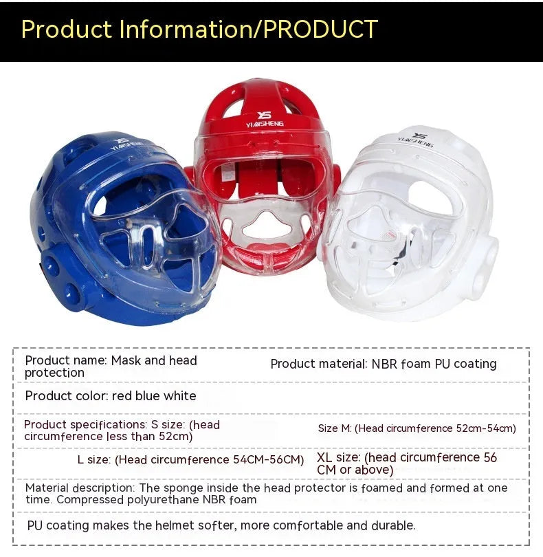White, blue, and red karate boxing helmet for head protection in sizes S, M, L, XL.