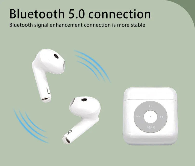 White wireless Bluetooth earphones with charging case showing semi in-ear design