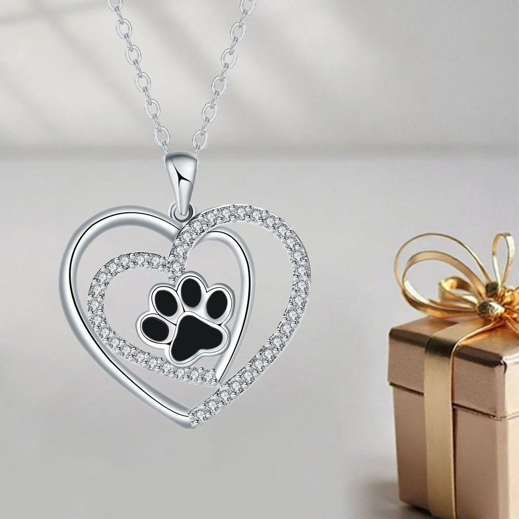 Women's dog paw necklace with heart pendant on cross chain, electroplated copper construction