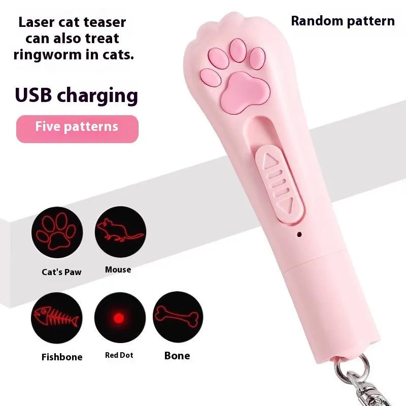 USB rechargeable cat teaser pen light with colourful LED and feather attachment in pink, cream, or blue