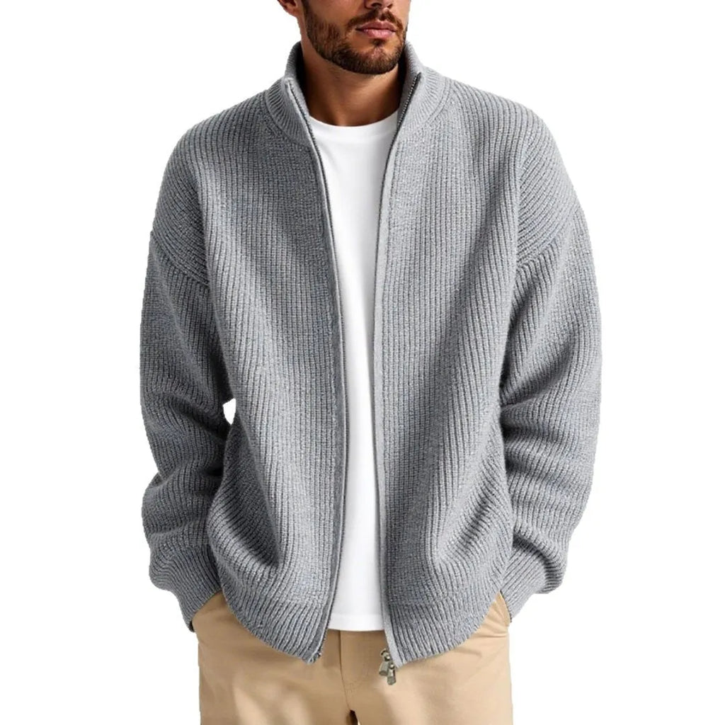 Man wearing a loose-fit beige acrylic blend cardigan sweater for casual leisure wear.