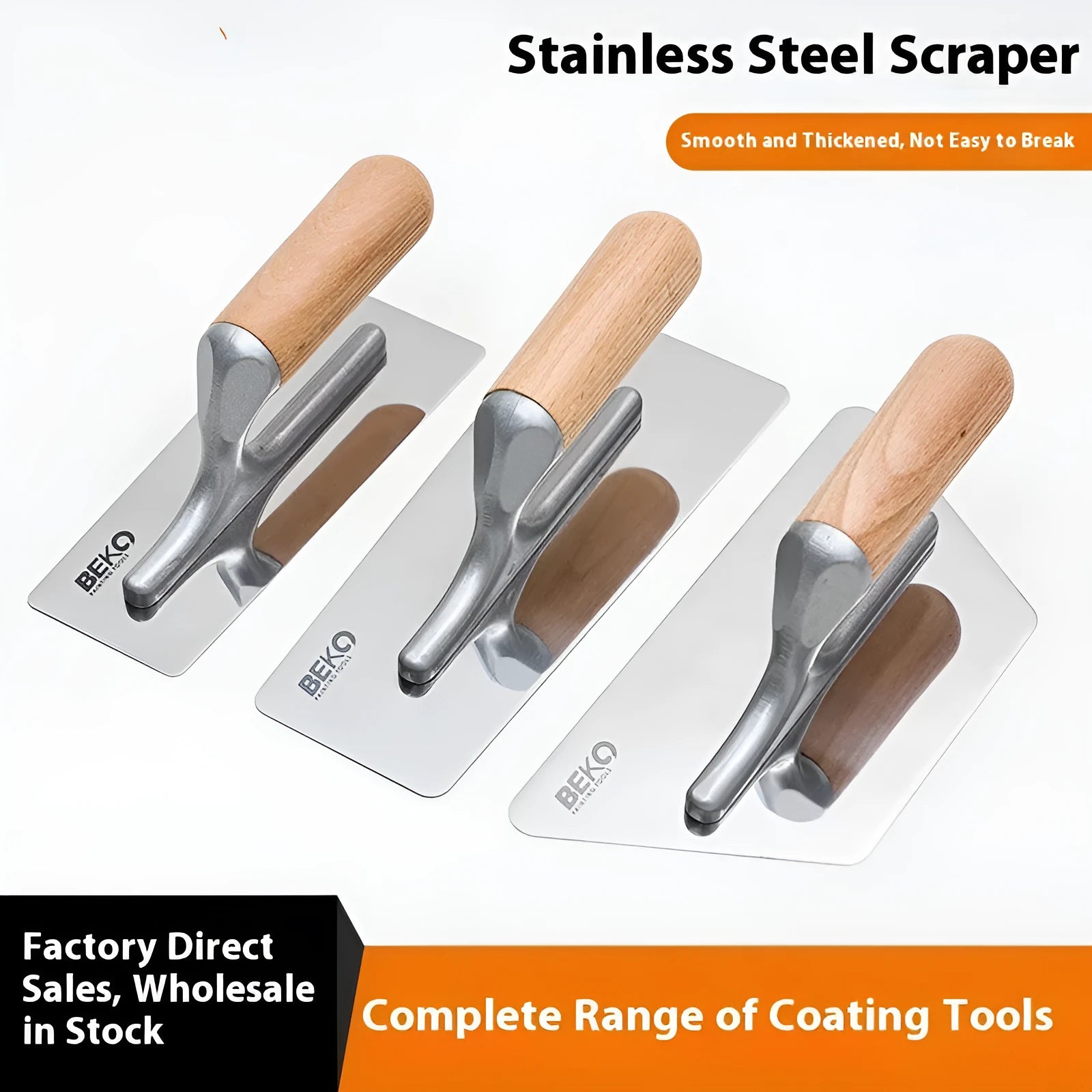 Stainless steel blade putty scraper with wooden handle for floor and wall cement work