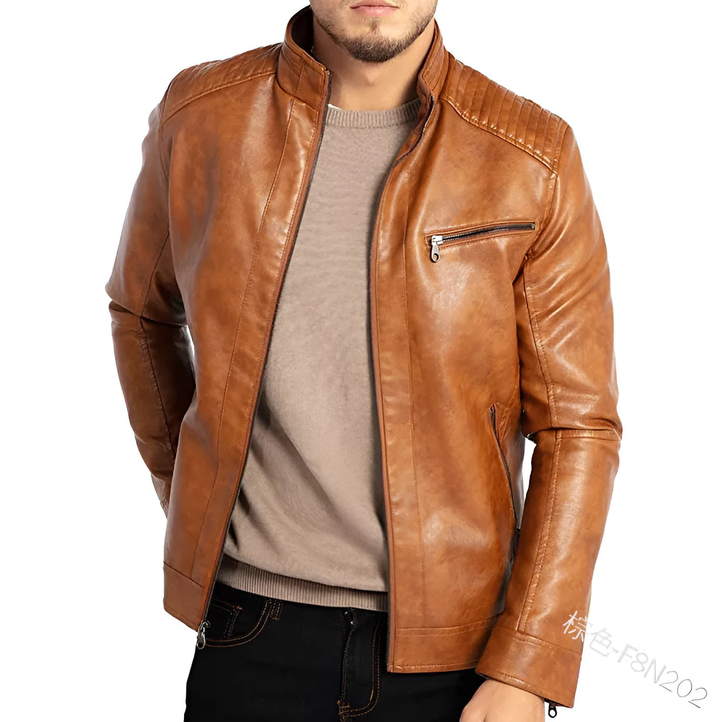 Men's brown artificial leather punk motorcycle jacket with stand collar and patch pockets.