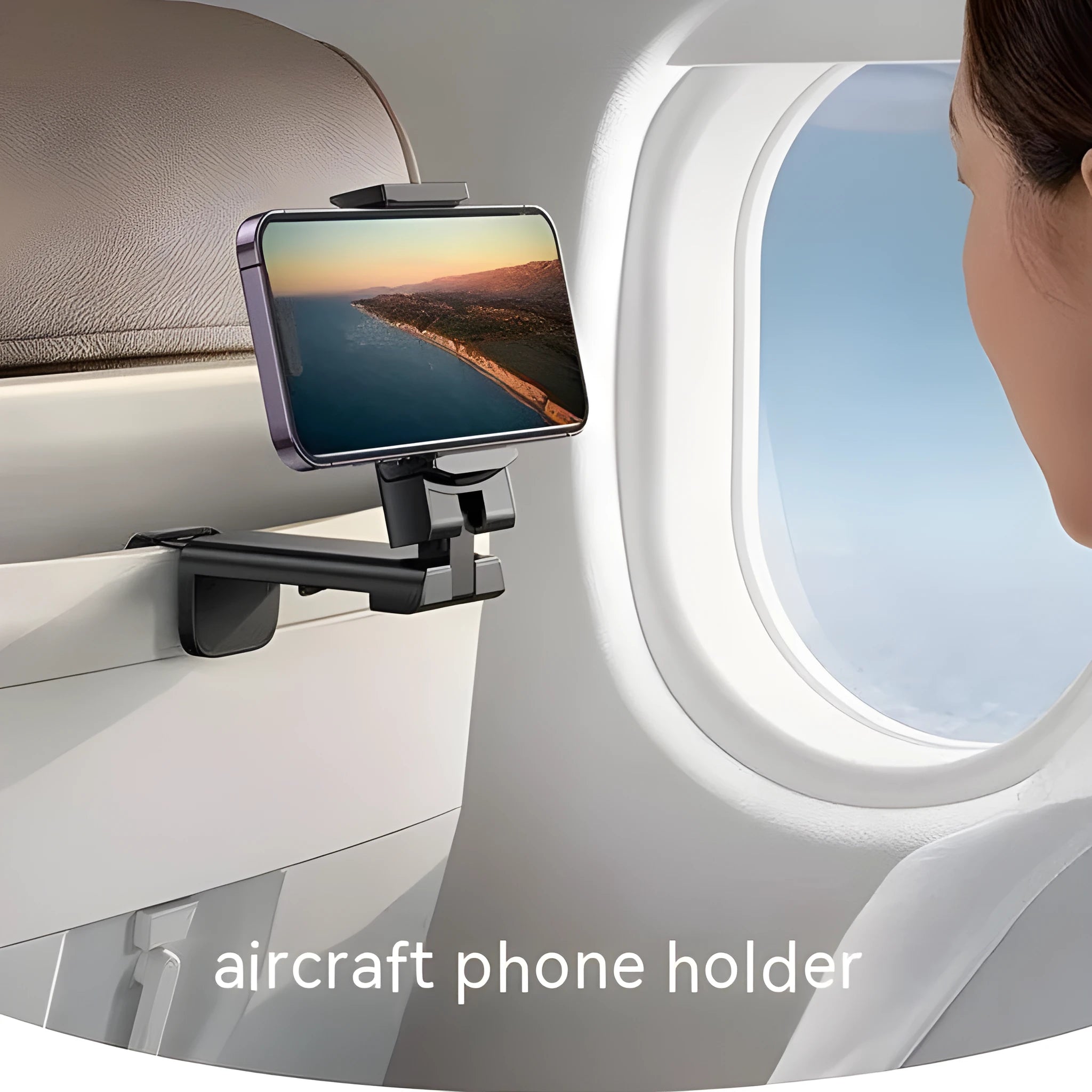 Black foldable rotating phone holder holding a mobile phone on a desk.