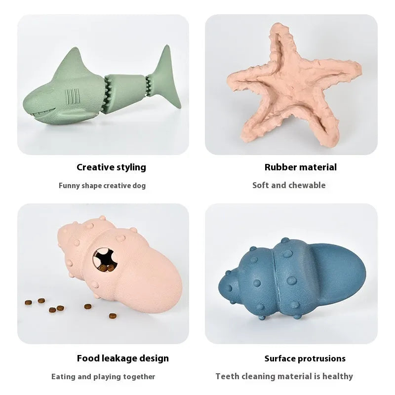 Deep sea shark shaped rubber dog chew toy in blue and green marine colours.