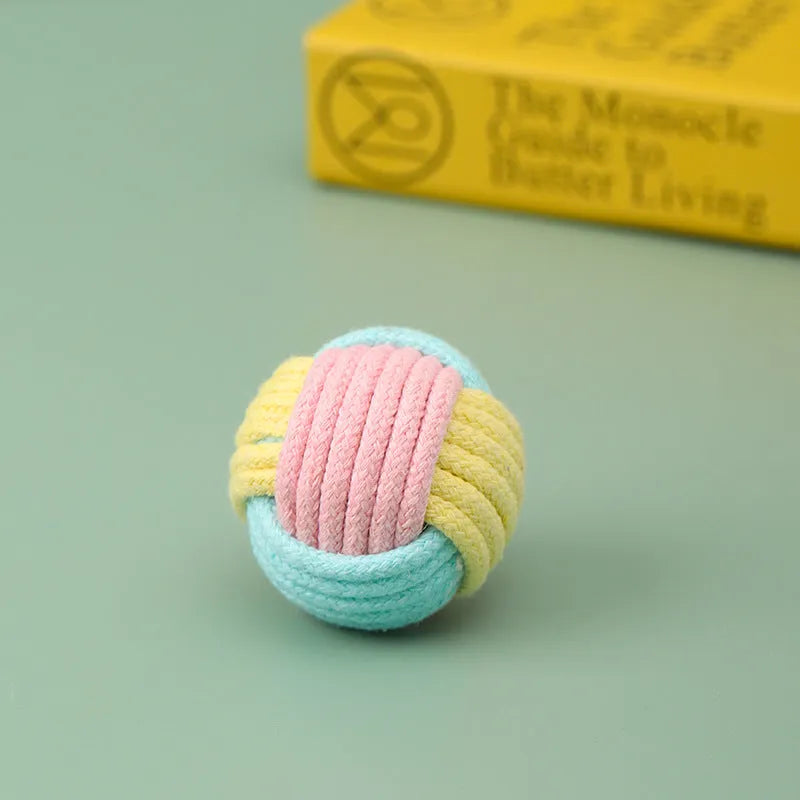 Handmade blue pink cotton cat hair ball plush toy measuring 5cm for interactive pet play