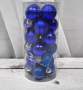 Shiny matte Christmas baubles in various colours showing 3cm diameter plastic electroplated decorations