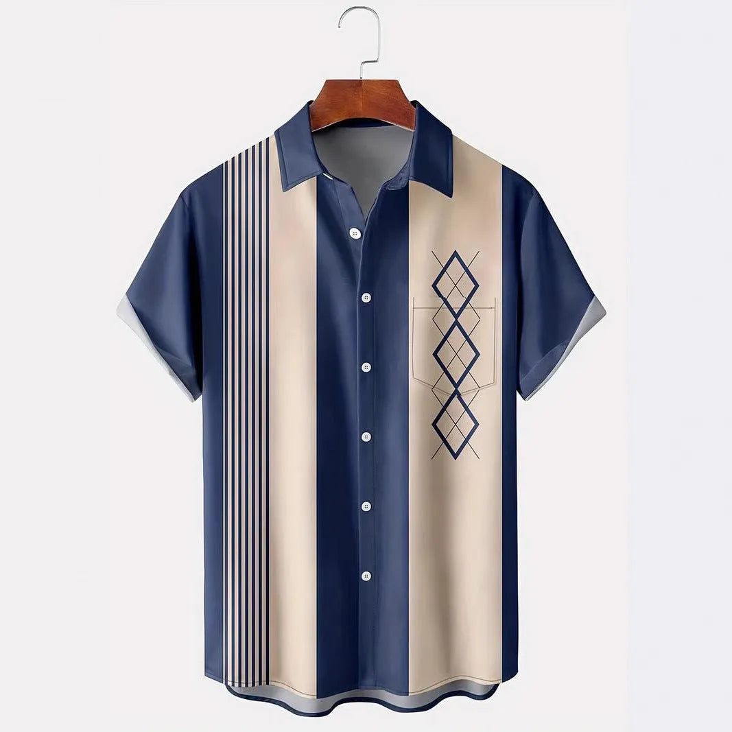 Man wearing a loose-fit plaid lapel cardigan shirt in polyester fabric for summer.