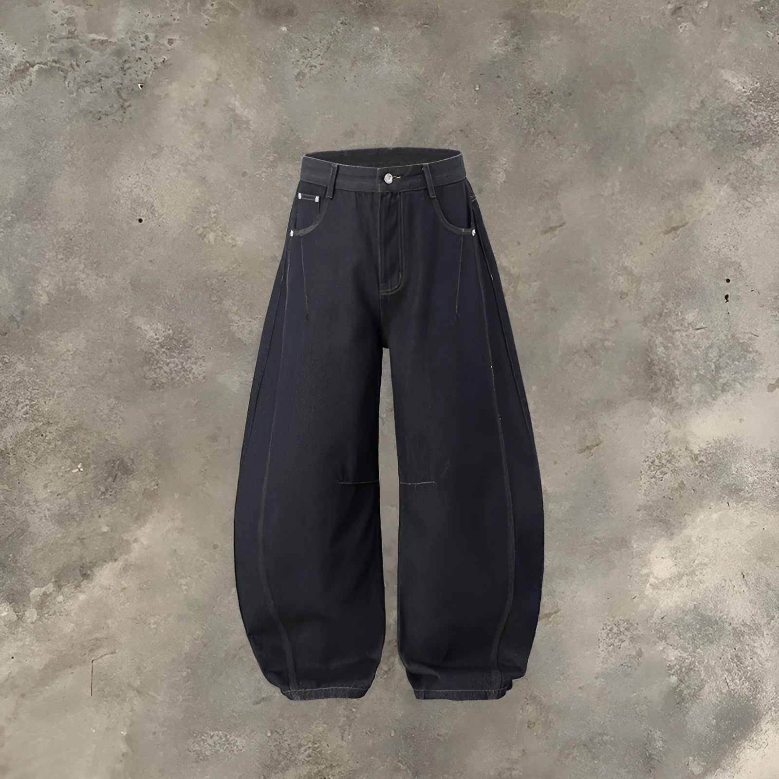 Men's wide leg denim trousers in original cow colour showing mid-waist design and relaxed fit
