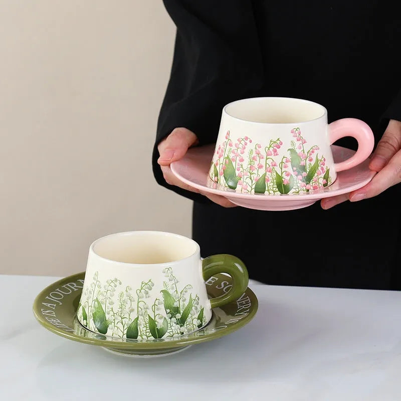 Ceramic coffee cup and saucer set for two with stirring spoons in Campanula design