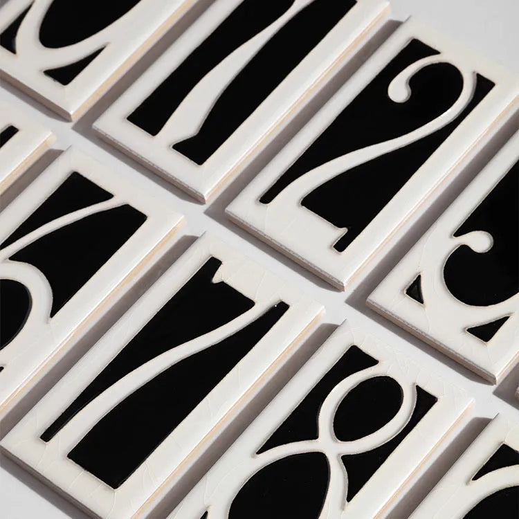 Handmade retro enamel ceramic doorplate showing number or Flower Patch design, 76mm by 152mm.