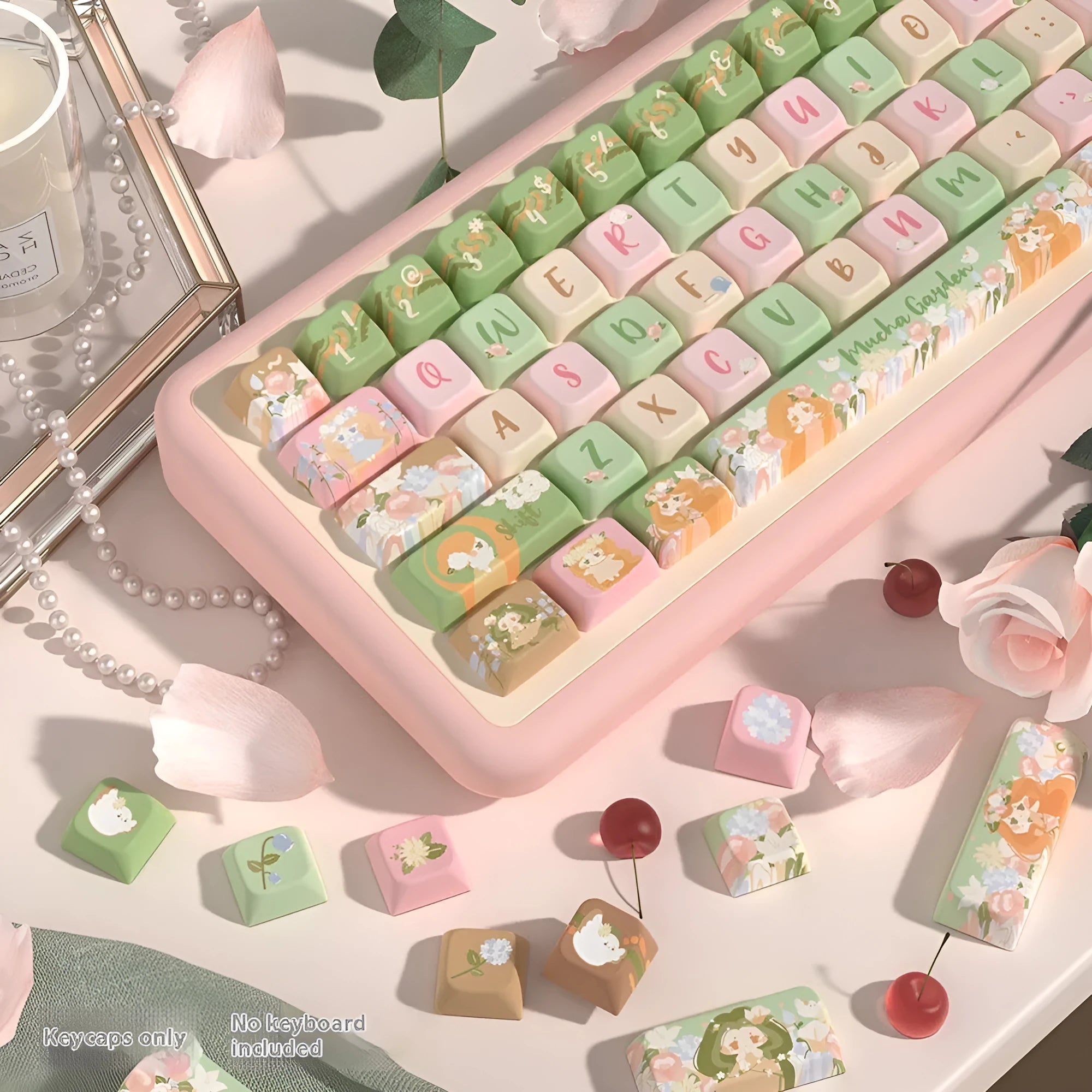 Summer Garden themed mechanical keyboard key cap set showing multiple keys with custom graphics via sublimation printing.