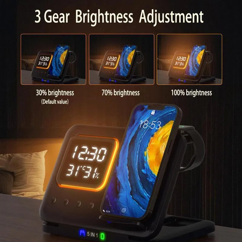 Black and white wireless charging station with phone, watch, and headphones on dock, showing LED time and temperature display.