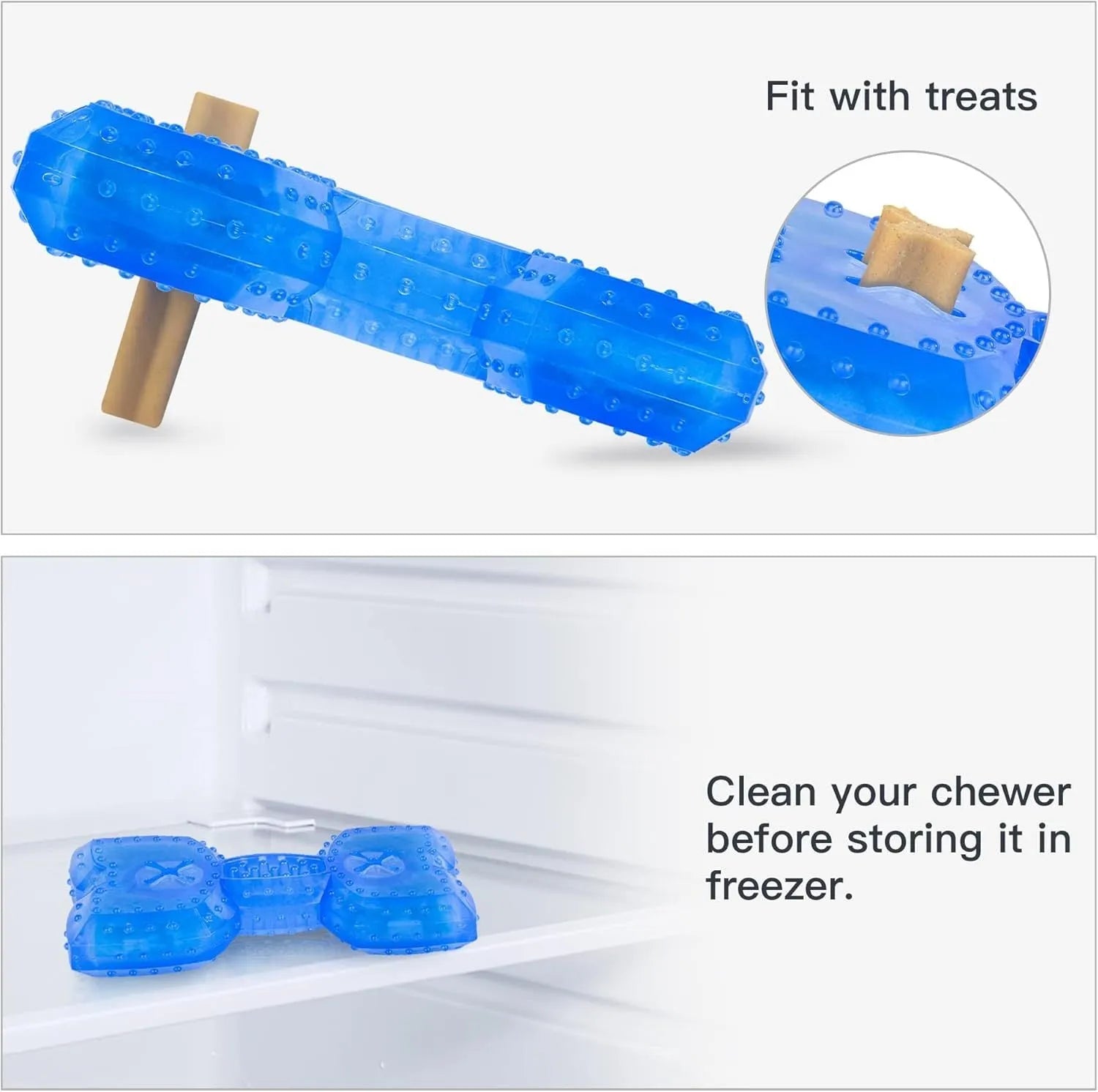 Freezable non-toxic dog chew toy in bone and circle shapes for teething and cooling.