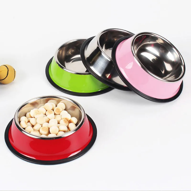 Colourful stainless steel pet bowl with non-slip rubber base available in multiple sizes