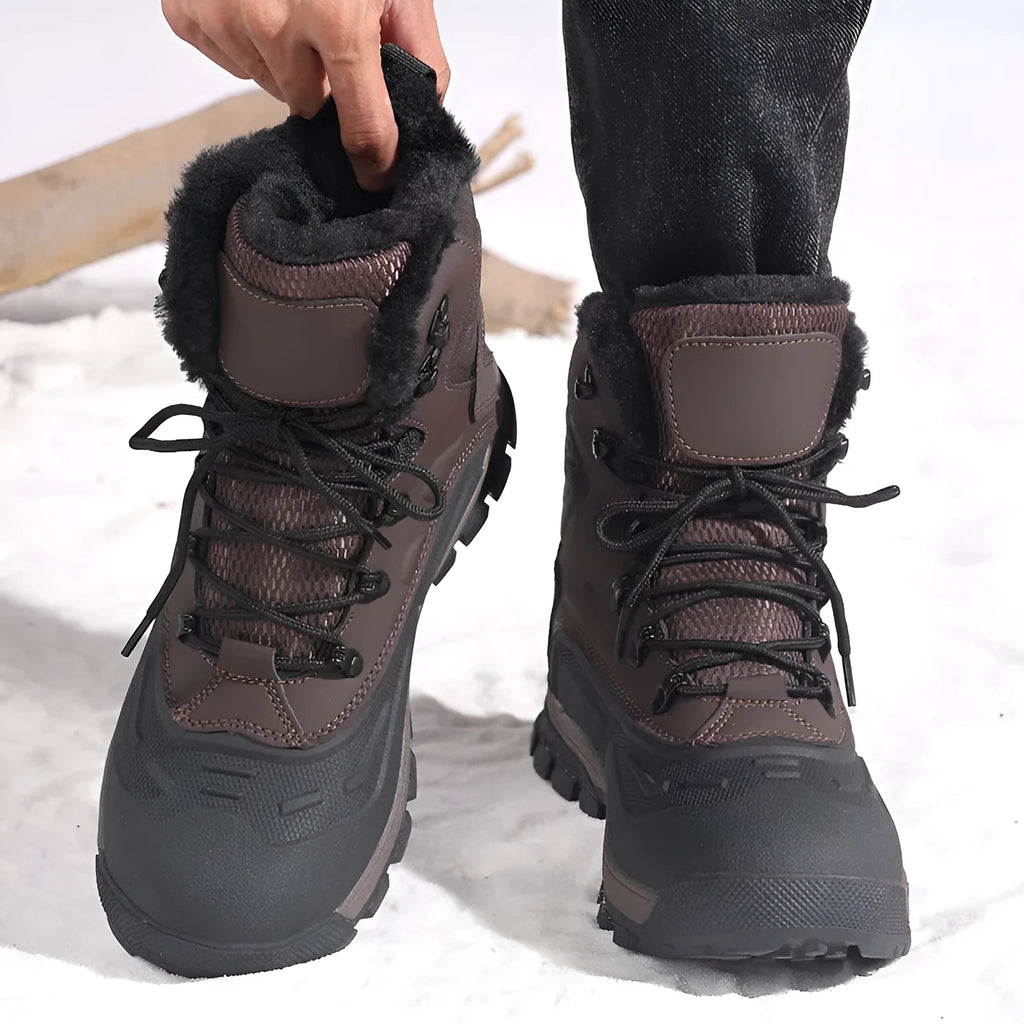Men's black high-top lace-up boots with fleece lining, shown on a size 45 foot.