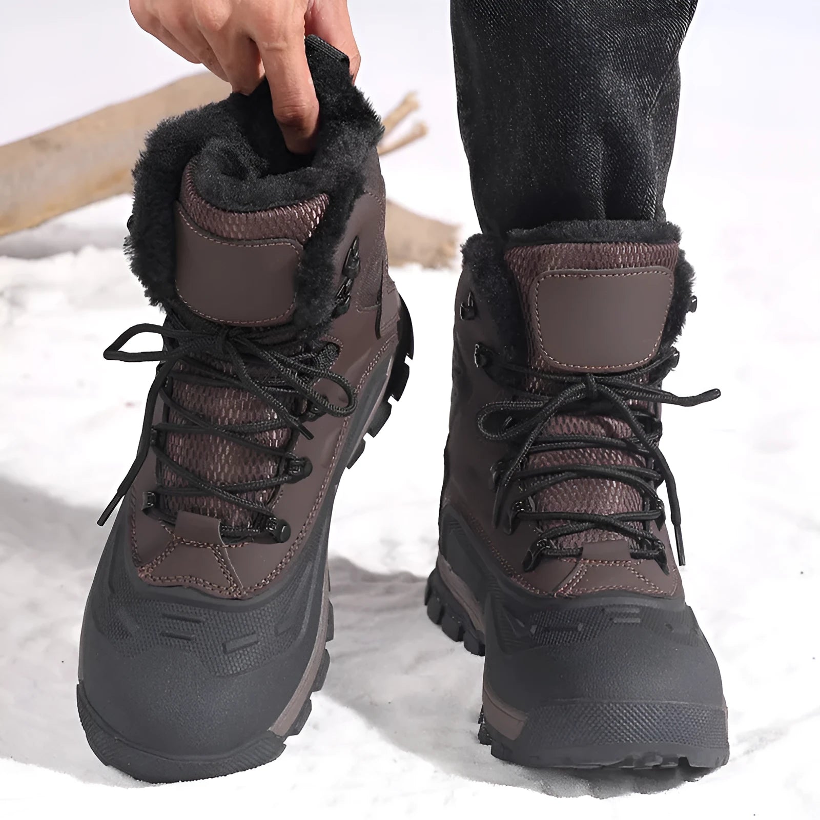 Men's black high-top lace-up boots with fleece lining, shown on a size 45 foot.