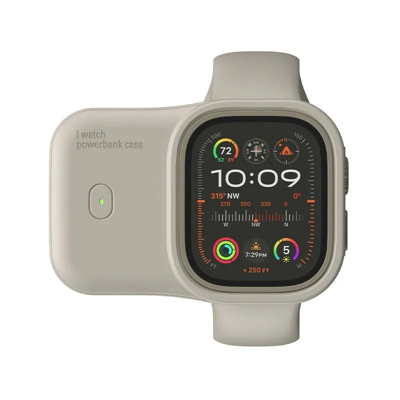 Apple Watch portable wireless charging power bank with silicone case in brown, midnight blue, or starlight colours