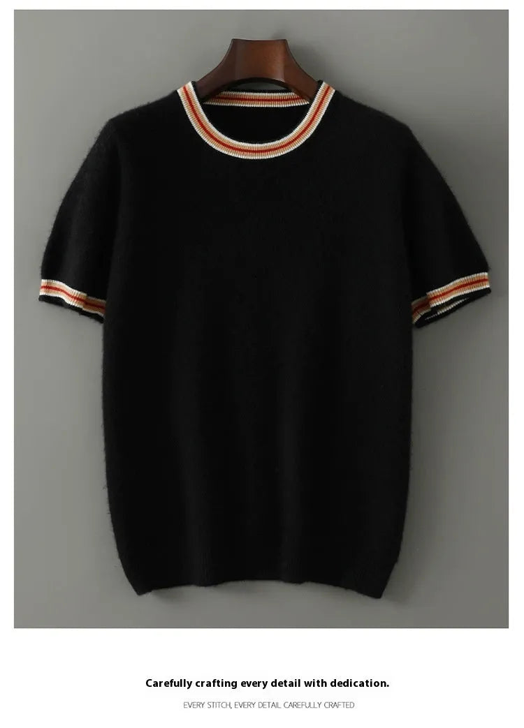 Men's short sleeve pure wool round neck sweater in black, grey, or white.
