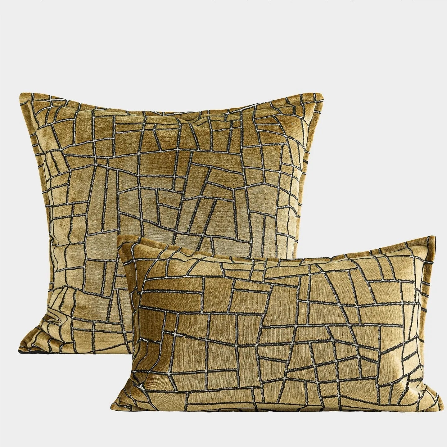 Local gold geometric abstract pattern on a square polyester cushion cover.