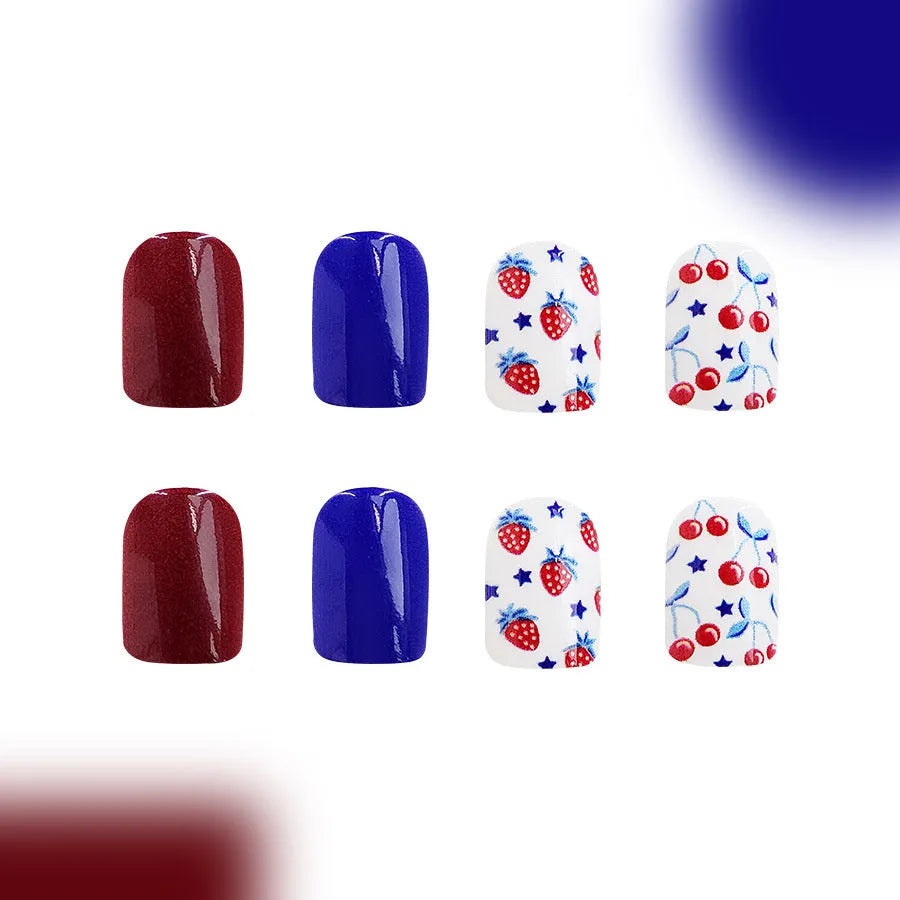 Short glossy red and blue strawberry cherry nail stickers for independence day manicure