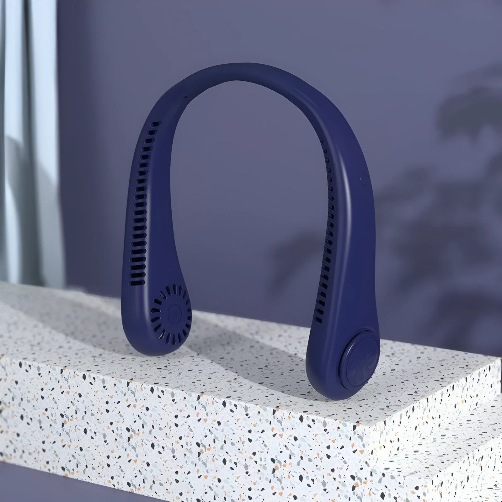 Blue USB rechargeable bladeless neck fan with a soft silicone neckband.