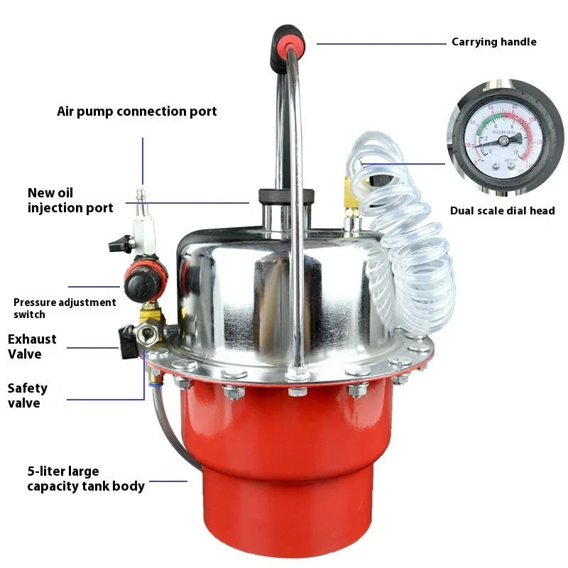 Pneumatic brake fluid replacement machine with pressure gauge and transparent drain pipe