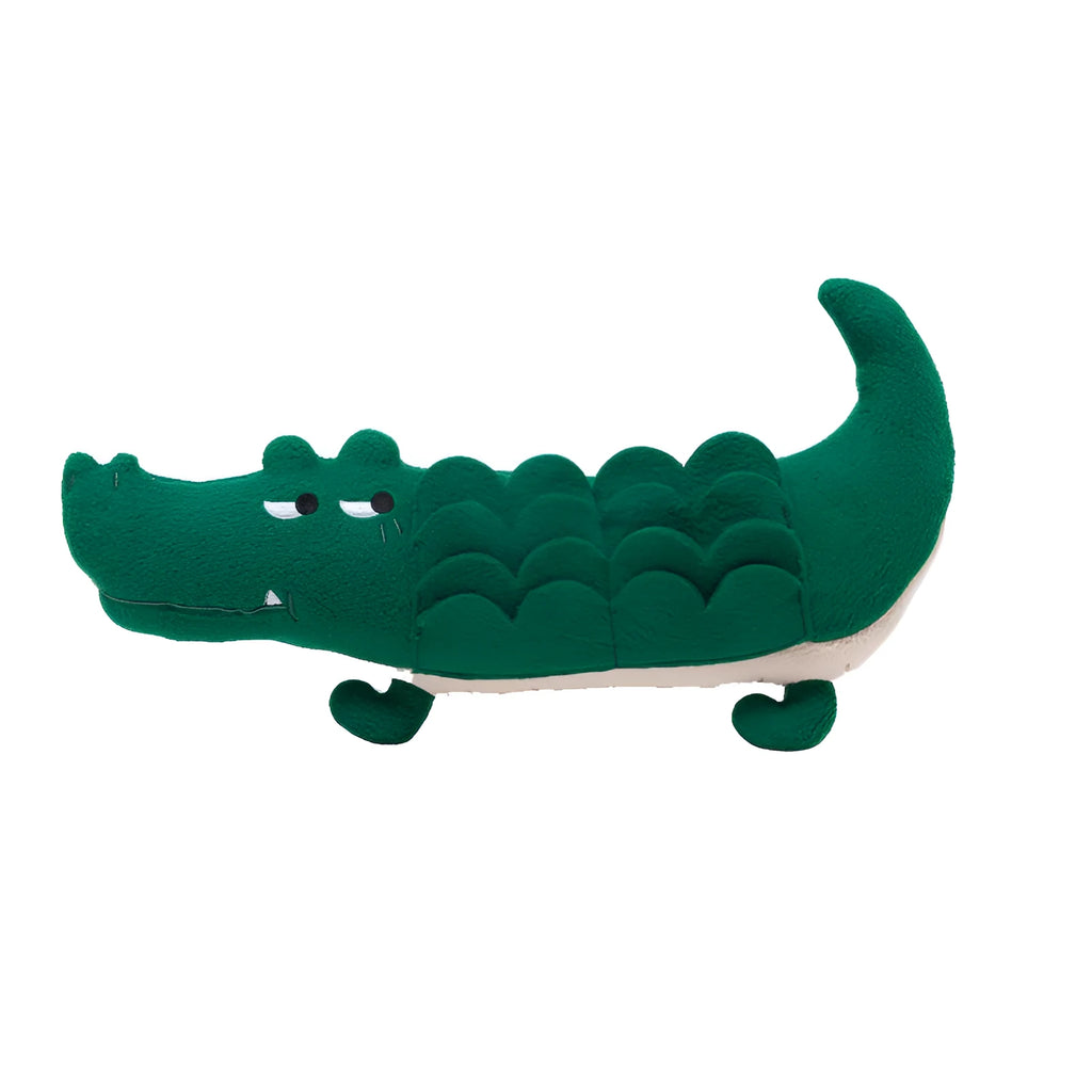 Green plush toy dog stuffed animal on a white background.
