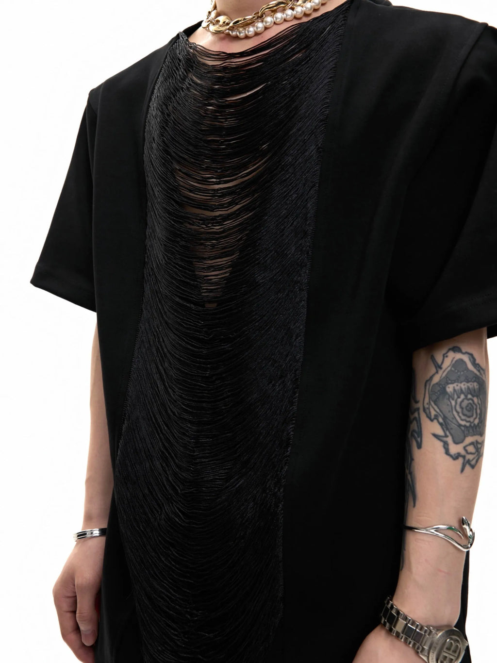Men's black loose fit short sleeve T-shirt with V-neck hollow out collar