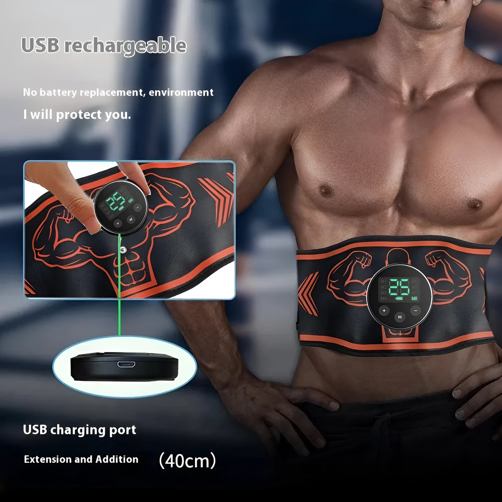 Smart EMS massage belt fitness equipment with rechargeable battery and timer in blue and orange colour options
