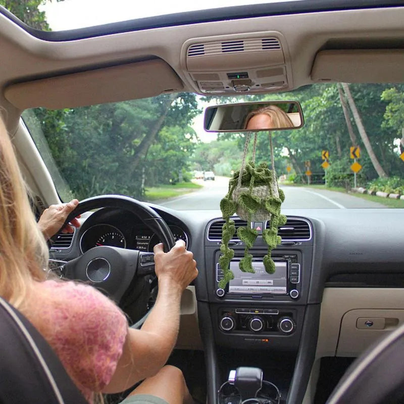 Knitted green and white car plant decoration with hanging rope