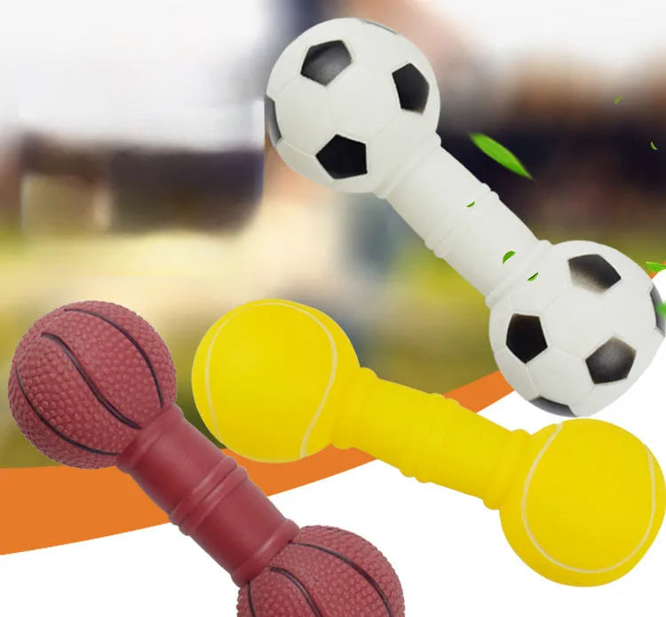 Non-toxic PVC squeaky dog toy shaped like a colourful football dumbbell.