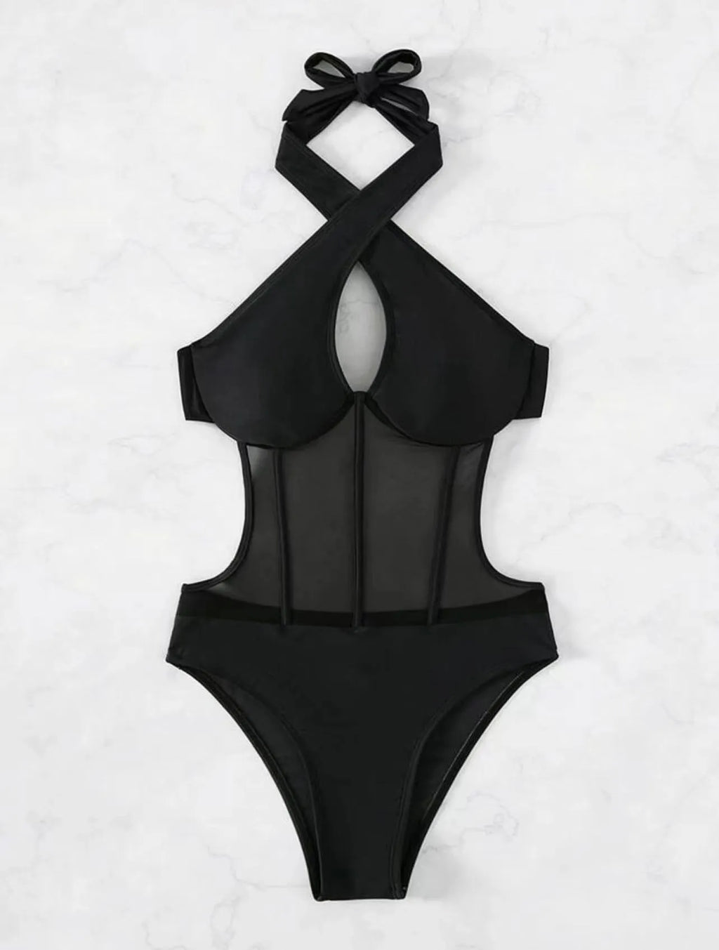 Ladies black one-piece swimsuit bikini made from nylon and spandex fabric on a mannequin.