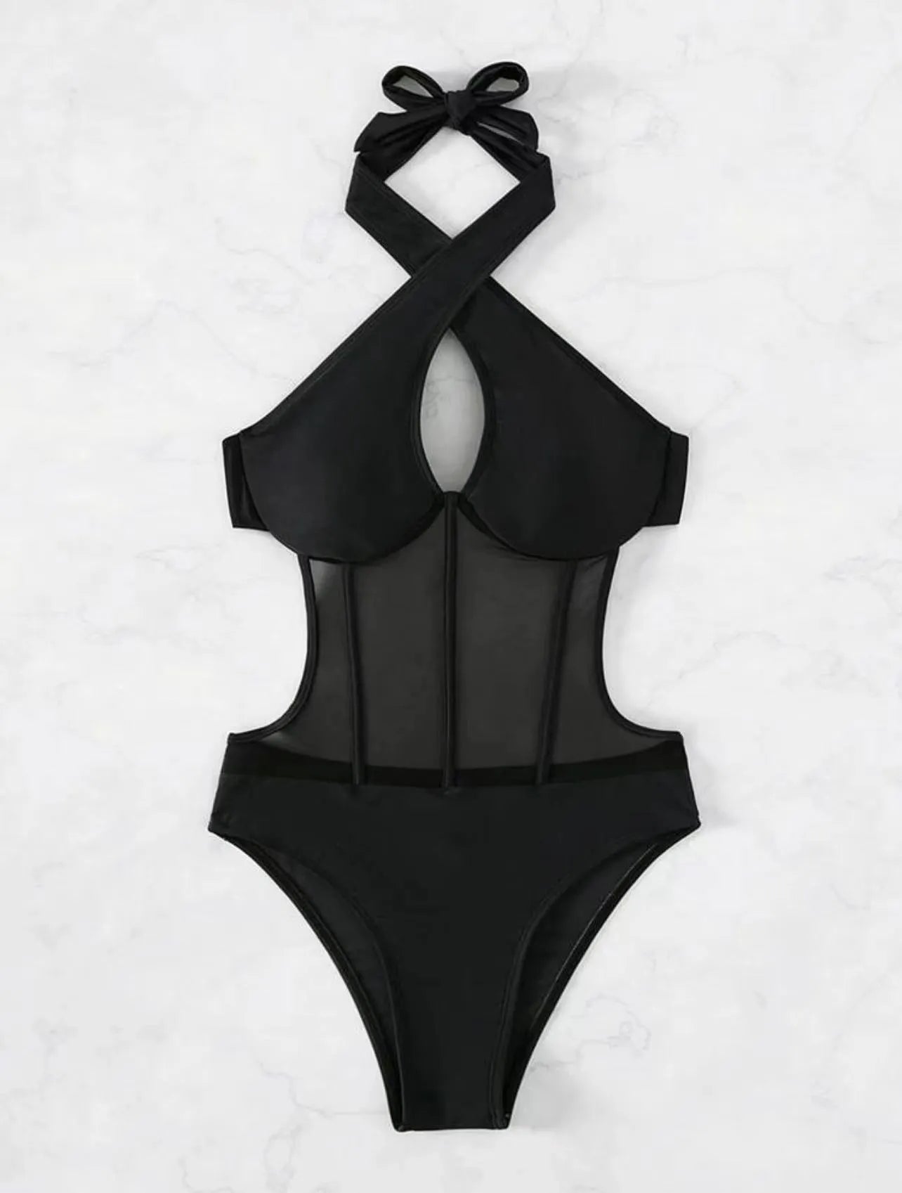 Ladies black one-piece swimsuit bikini made from nylon and spandex fabric on a mannequin.