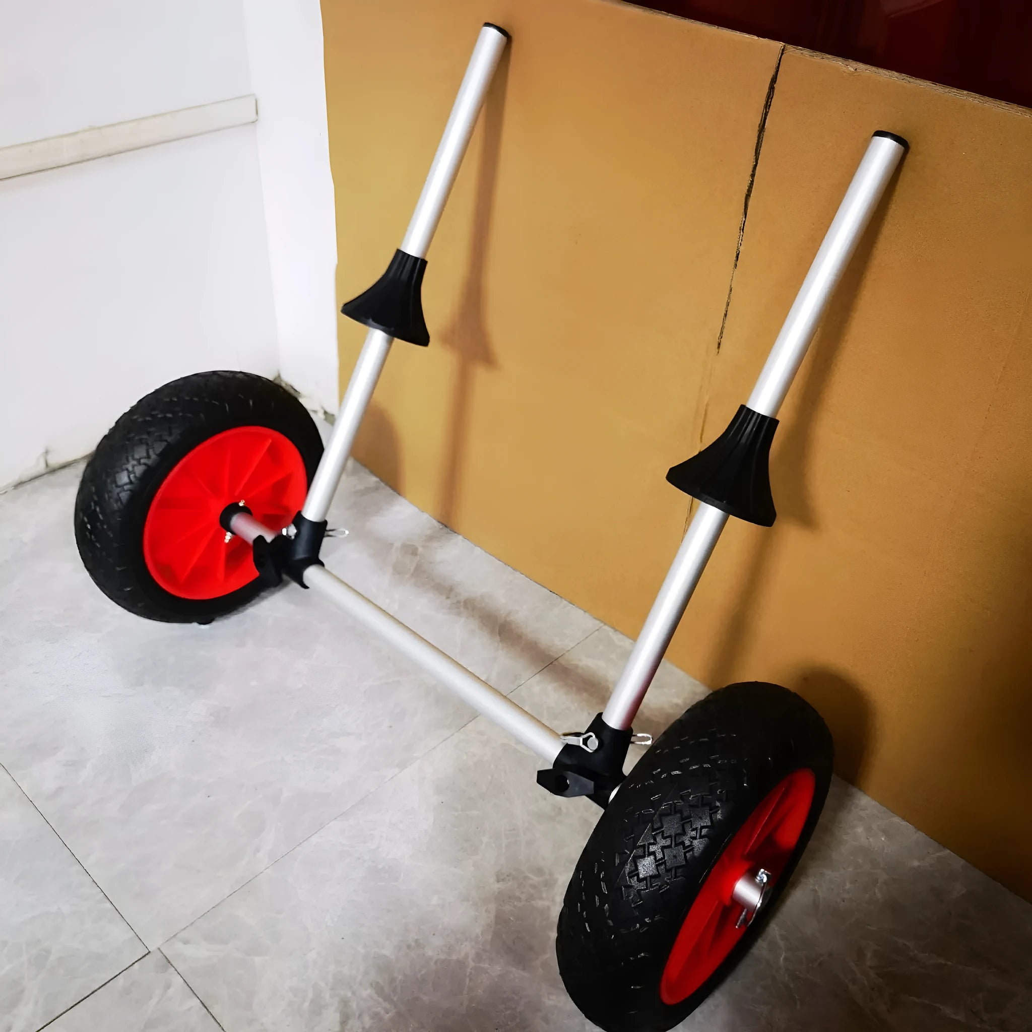 Foldable aluminium kayak trailer with upright pole platform and small cart for beach transport