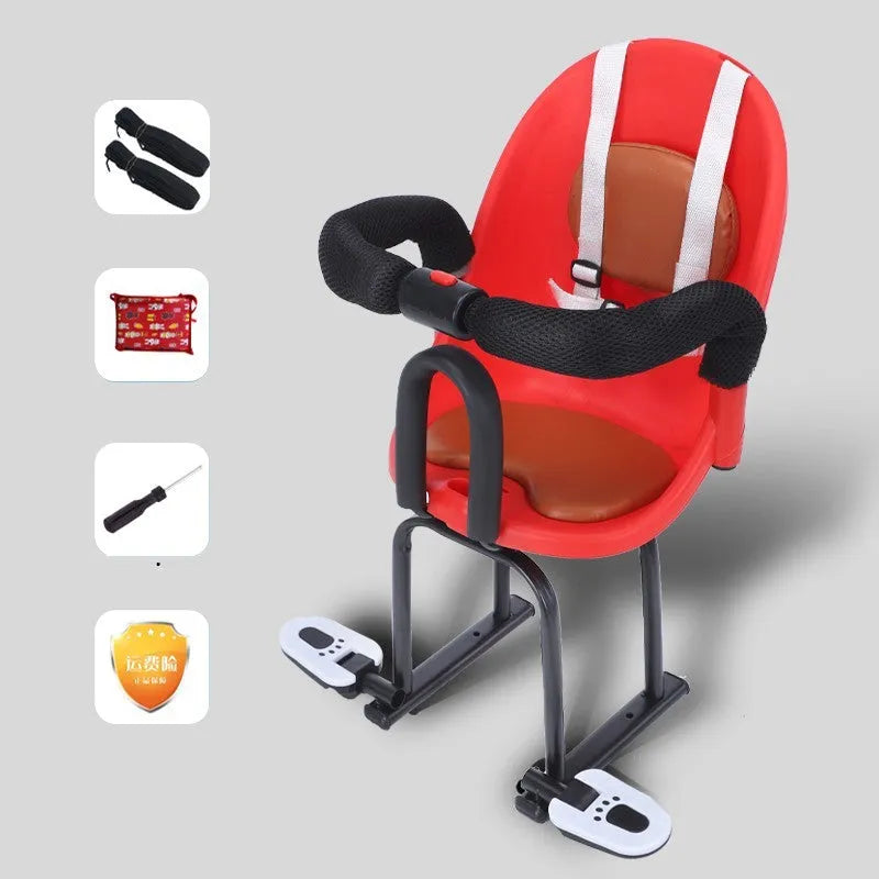 Steel-framed children's front seat for electric scooters in black, red or white