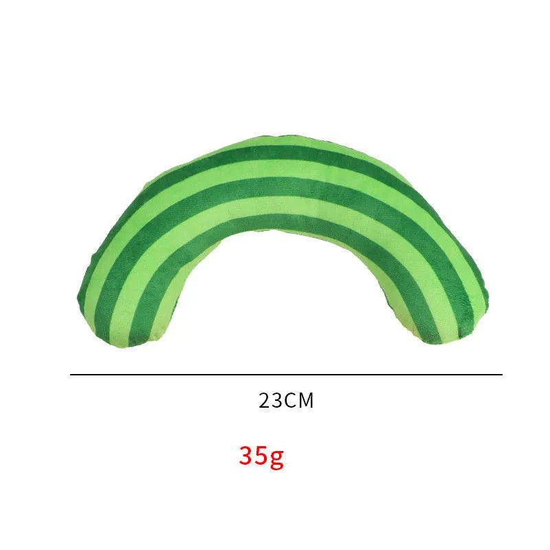 Striped pattern cat pillow toy with noise maker and catnip strip, shown in green colour.